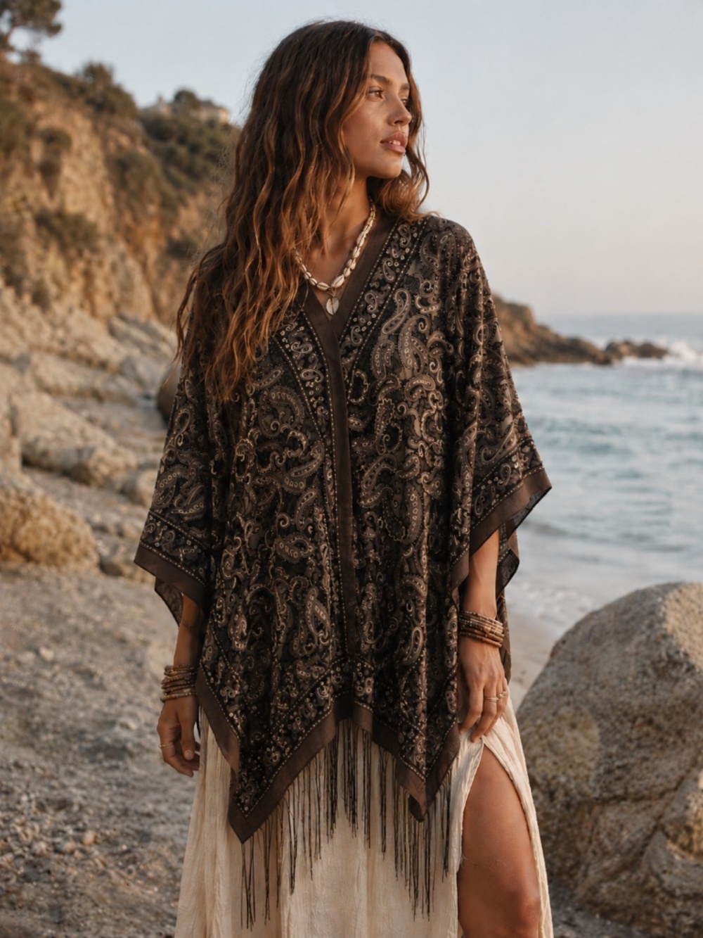 Poncho brown/black sheer buttons fringe paisley cover up beach cottage core pool